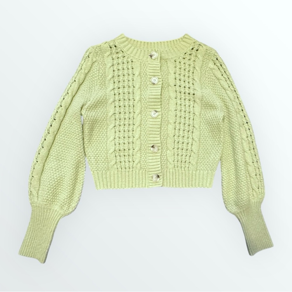 Cable Knit Button-Up Cardigan Sweater in Light Green - Picture 3 of 6